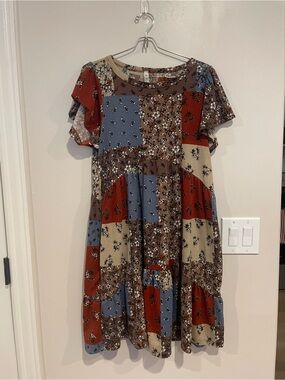 mts Patchwork Floral Midi Dress in Rust, Blue & Cream